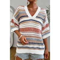 Multicolour Striped Hollow Out Half Sleeve Knitted Sweater - M thumbnail