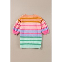 Rose Red Colorful Stripe Bubble Short Sleeve Sweater - M thumbnail