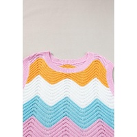 Multicolour Striped Colorblock Scalloped Hem Knitted Vest - M thumbnail