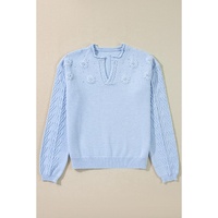 Beau Blue Flower Detail Knitted Notched Neck Sweater - S thumbnail