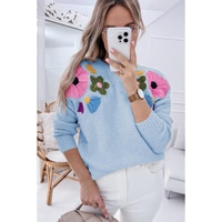 Light Blue Knitted Flower Pattern Ribbed Edge Sweater - M thumbnail