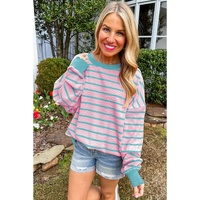Pink Stripe Trimmed Round Neck Drop Shoulder Loose Sweater - XL thumbnail