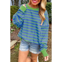 Sky Blue Stripe Trimmed Round Neck Drop Shoulder Loose Sweater - L thumbnail
