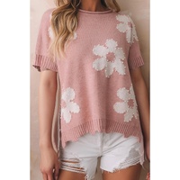 Light Pink Pearled Flower Distressed Edge Sweater T Shirt - L thumbnail