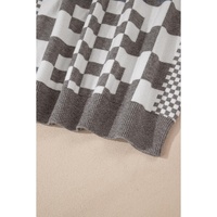 Gray Checkered Print Drop Shoulder Round Neck Sweater - L thumbnail