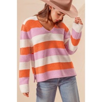 Orange Stripe Colorblock V Neck Casual Sweater - L thumbnail