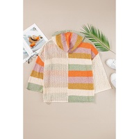 Beige Oversized Colorblock V Neck Hooded Sweater - L thumbnail