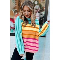 Yellow Stripe Gradient Striped Ribbed Edge Loose Sweater - M thumbnail