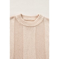 Pale Khaki Solid Color Cable Knit Ribbed Loose Sweater - L thumbnail