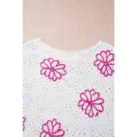 White Contrast Flower Print Eyelet Drop Shoulder Sweater - S thumbnail