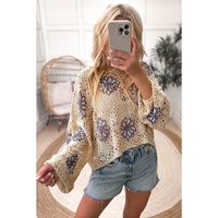 Beige Contrast Flower Print Eyelet Drop Shoulder Sweater - L thumbnail