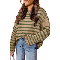 Khaki Stripe Drop Shoulder Casual Sweater - L thumbnail