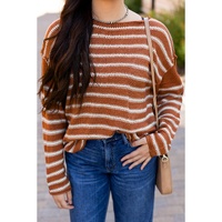 Brown Stripe Drop Shoulder Casual Sweater - L thumbnail
