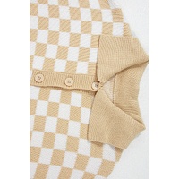 Apricot Checkered Buttons Collar V Neck Drop Shoulder Sweater - L thumbnail