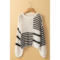 White Stripe Contrast Striped Crochet Puff Sleeve Sweater - XL thumbnail