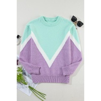 Green Chevron Colorblock Ribbed Knit Drop Shoulder Sweater - S thumbnail