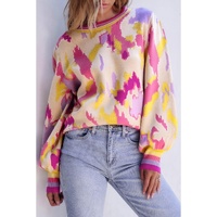 Khaki Abstract Print Colorblock Balloon Sleeve Sweater - L thumbnail