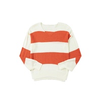 Orange Stripe Loose Color Block Drop Shoulder Bubble Sleeve Sweater - L thumbnail