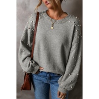 Light Grey Pearled Drop Shoulder Round Neck Sweater - L thumbnail