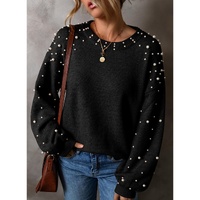 Black Pearled Drop Shoulder Round Neck Sweater - S thumbnail