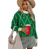 Dark Green Diamond Pattern Pom Accents Contrast Trim High Neck Sweater - L thumbnail