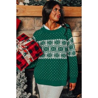 Green Christmas Snowflake Dotted Print Round Neck Sweater - L thumbnail