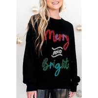 Black Tinsel Merry and Bright Graphic Christmas Sweater - L thumbnail