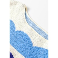Dark Blue Wave Striped Balloon Sleeve Drop Shoulder Sweater - S thumbnail