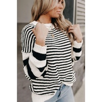 Black white Striped Drop Shoulder Bishop Sleeve Knit Sweater - XL thumbnail