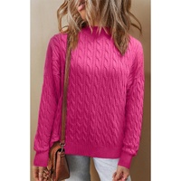 Rose Red Solid Cable Knit High Neck Drop Shoulder Sweater - L thumbnail