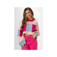 Rose Red Color Block Drop Shoulder Crewneck Loose Fit Sweater - XL thumbnail