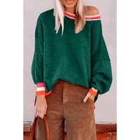 Blackish Green Colorblock Striped Trim Drop Shoulder Sweater - XL thumbnail