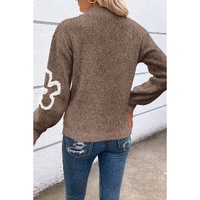 Parchment Contrast Flower Half Zipper Stand Neck Sweater - L thumbnail