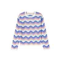 Purple Stripe Wavy Pointelle Knit Drop Shoulder Sweater - S thumbnail