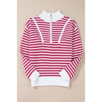 Pink Stripe Zip up Collar Drop Shoulder Sweater - L thumbnail