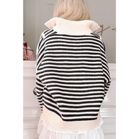 Black Stripe Zip up Collar Drop Shoulder Sweater - L thumbnail