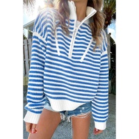 Sky Blue Stripe Zip up Collar Drop Shoulder Sweater - S thumbnail