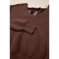 Coffee Lantern Sleeve V Neck Knot Back Sweater - L thumbnail