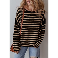 Black Stripe Drop Shoulder Round Neck Loose Sweater - S thumbnail