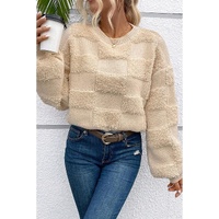 Parchment Checkered Sherpa Crew Neck Loose Sweater - L thumbnail