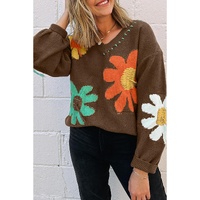 Coffee Big Flower Pattern V Neck Drop Shoulder Sweater - L thumbnail