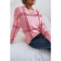 Pink Plaid Pattern Knitted Drop Shoulder Sweater - XL thumbnail