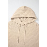 Beige Solid Color Drawstring Hooded Drop Shoulder Pullover Sweater - L thumbnail