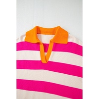 Rose Stripe Color Block Collared V Neck Drop Shoulder Sweater - S thumbnail