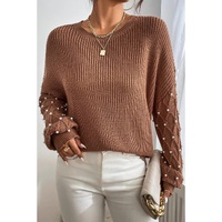Chestnut Beaded Drop Shoulder Round Neck Sweater - L thumbnail