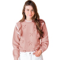 Light Pink Ruffled Bowknot Ribbed Trim Long Sleeve Sweater - L thumbnail