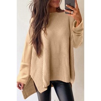 Apricot Cable Knit Drop Shoulder Side Slits Loose Sweater - S thumbnail