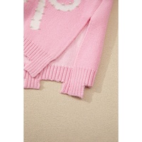 Pink Pearl Beaded Bowknot Pattern Distressed Split Hem Sweater - L thumbnail