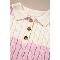 Pink Stripe Cable Knit Collared Henley Sweater - L thumbnail