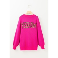 Rose Red YEEHAW Cowboy Hat Drop Shoulder Oversized Sweater - S thumbnail